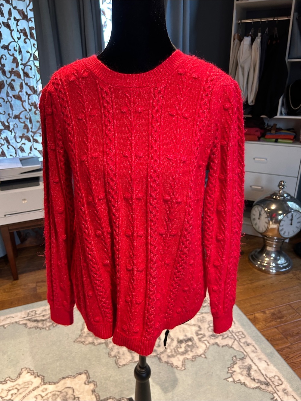 LOFT Bright Red Cable & Bobble Knit Crewneck Sweater